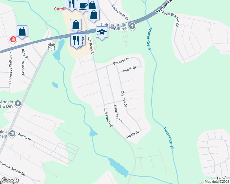 map of restaurants, bars, coffee shops, grocery stores, and more near 204 Cypress Drive in Raeford