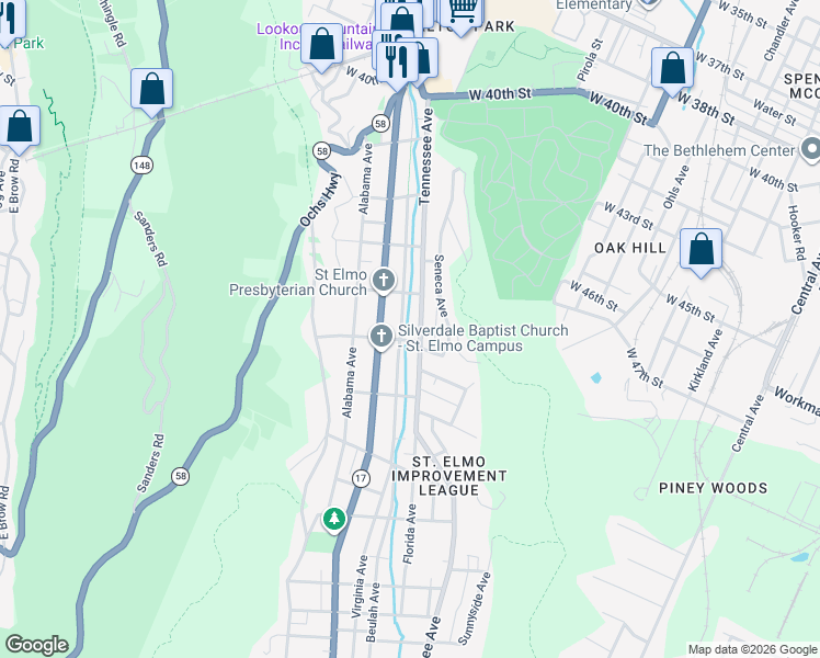 map of restaurants, bars, coffee shops, grocery stores, and more near 4406 Tennessee Avenue in Chattanooga