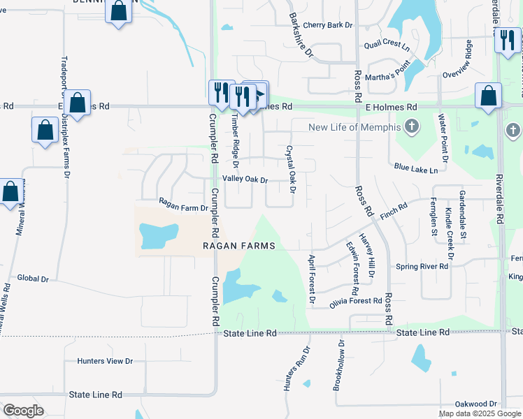 map of restaurants, bars, coffee shops, grocery stores, and more near 5411 Bare Oak Drive in Memphis