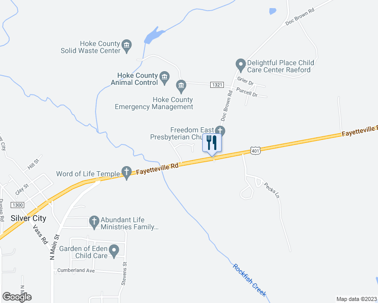 map of restaurants, bars, coffee shops, grocery stores, and more near 200 Wilshire Lane in Raeford