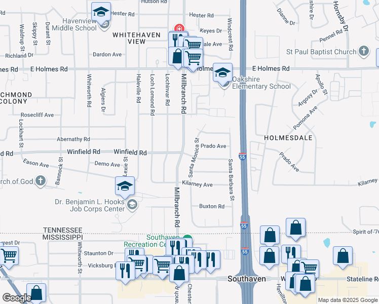 map of restaurants, bars, coffee shops, grocery stores, and more near 1694 Winfield Road in Memphis