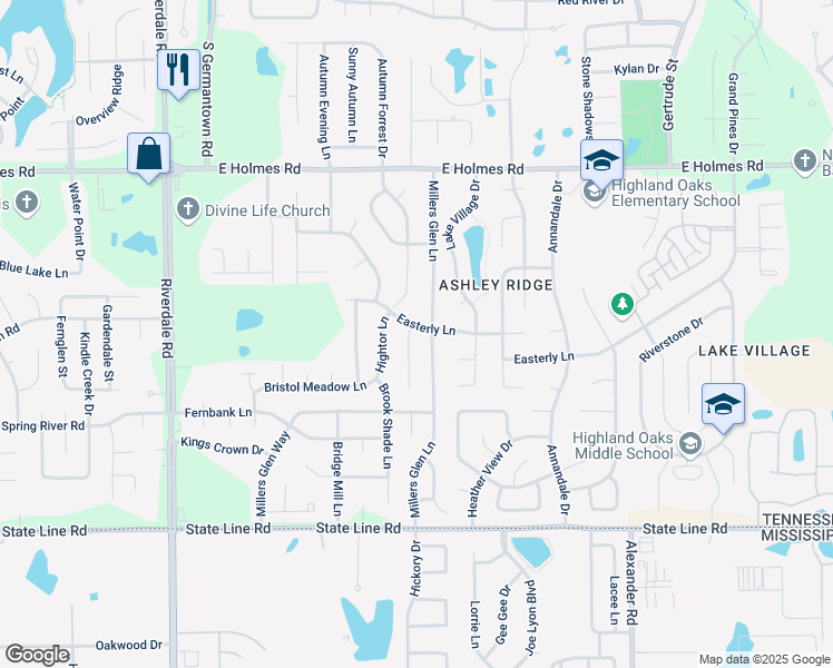 map of restaurants, bars, coffee shops, grocery stores, and more near 7202 Easterly Lane in Memphis