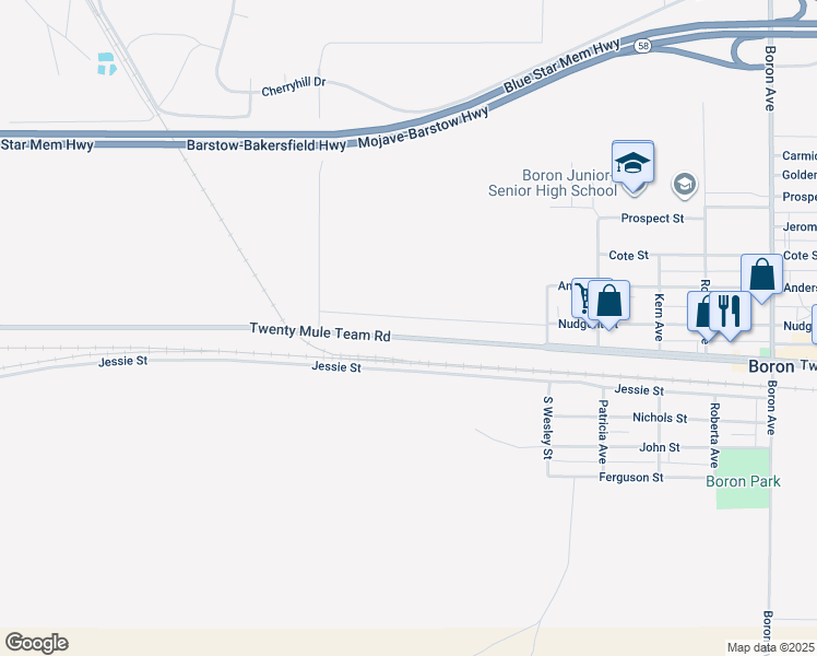 map of restaurants, bars, coffee shops, grocery stores, and more near 26197 Twenty Mule Team Road in Boron