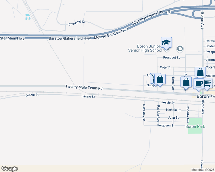 map of restaurants, bars, coffee shops, grocery stores, and more near 26197 Twenty Mule Team Road in Boron