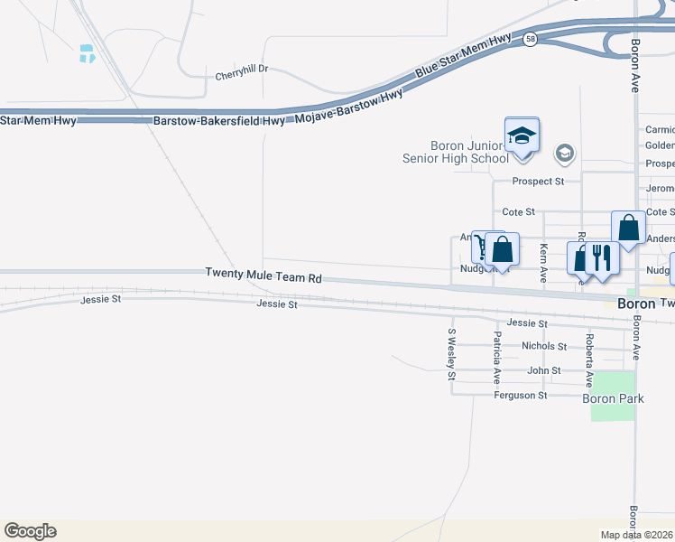 map of restaurants, bars, coffee shops, grocery stores, and more near 26149 Twenty Mule Team Road in Boron