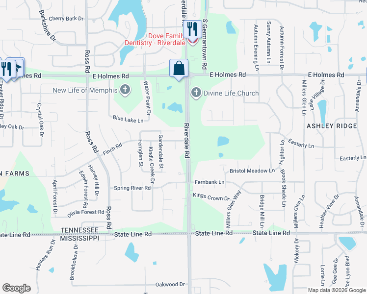 map of restaurants, bars, coffee shops, grocery stores, and more near 6959 Finch Road in Memphis