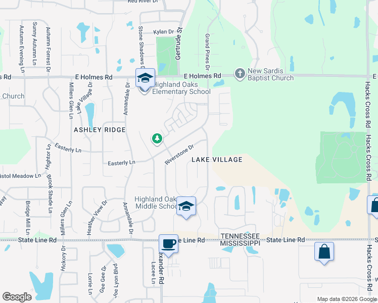 map of restaurants, bars, coffee shops, grocery stores, and more near 5404 Riverstone Drive in Memphis