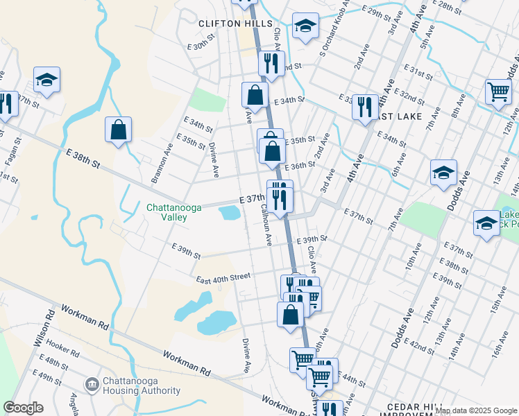 map of restaurants, bars, coffee shops, grocery stores, and more near 1604 East 37th Street in Chattanooga