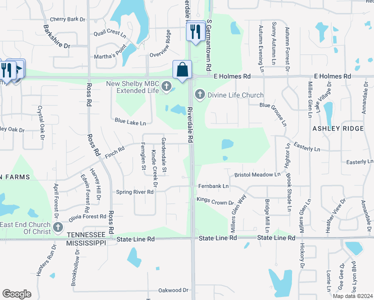 map of restaurants, bars, coffee shops, grocery stores, and more near 5407 Riverdale Road in Memphis