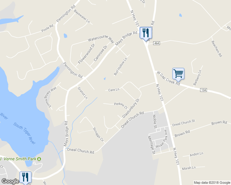 map of restaurants, bars, coffee shops, grocery stores, and more near 109 Care Lane in Greer