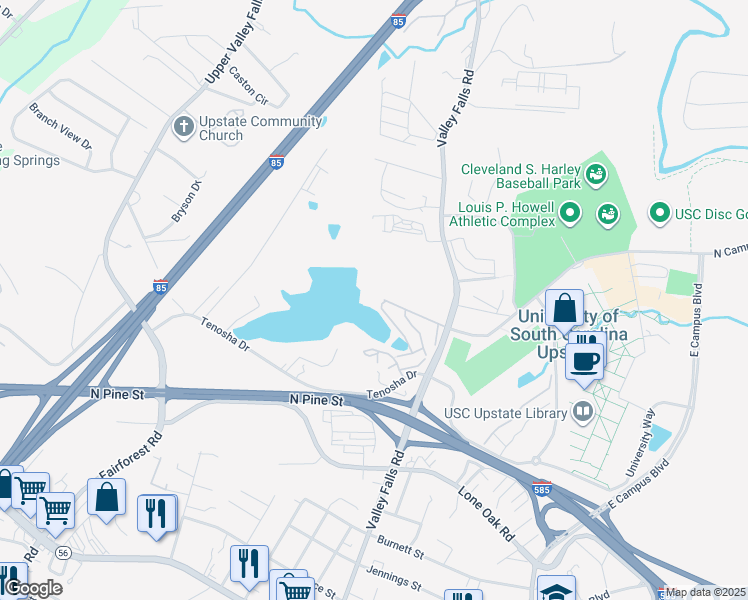 map of restaurants, bars, coffee shops, grocery stores, and more near 7771 Valley Falls Road in Spartanburg