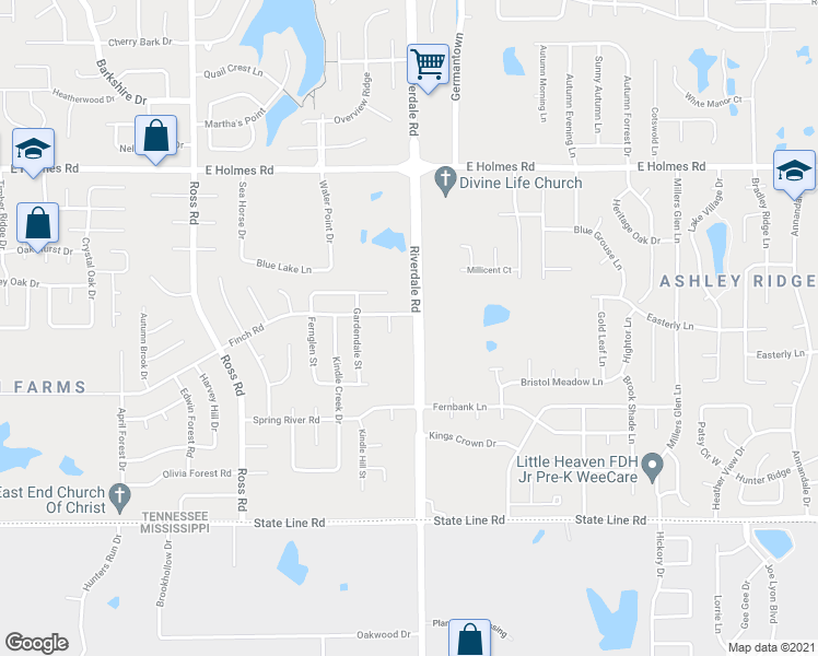 map of restaurants, bars, coffee shops, grocery stores, and more near 6959 Finch Road in Memphis