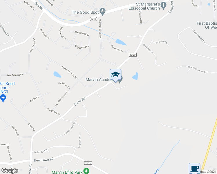 map of restaurants, bars, coffee shops, grocery stores, and more near 1613 Crane Road in Waxhaw