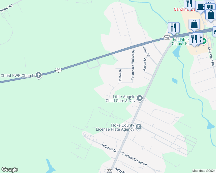 map of restaurants, bars, coffee shops, grocery stores, and more near 153 Gallop Court in Raeford