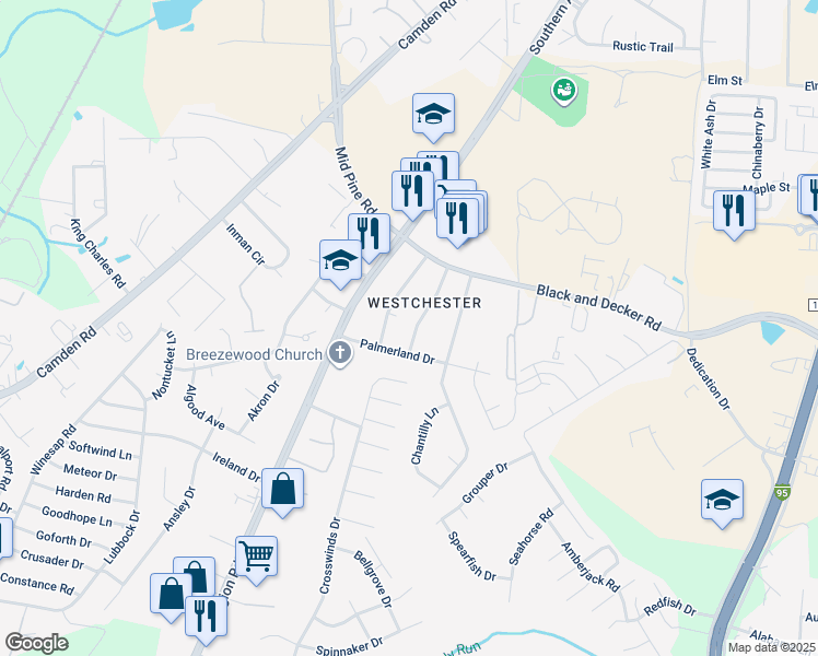 map of restaurants, bars, coffee shops, grocery stores, and more near 3244 Hennardland Place in Hope Mills