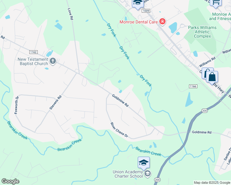 map of restaurants, bars, coffee shops, grocery stores, and more near 2308 Goldmine Road in Monroe