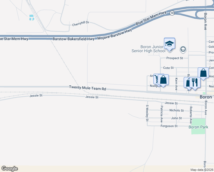 map of restaurants, bars, coffee shops, grocery stores, and more near 26149 Twenty Mule Team Road in Boron