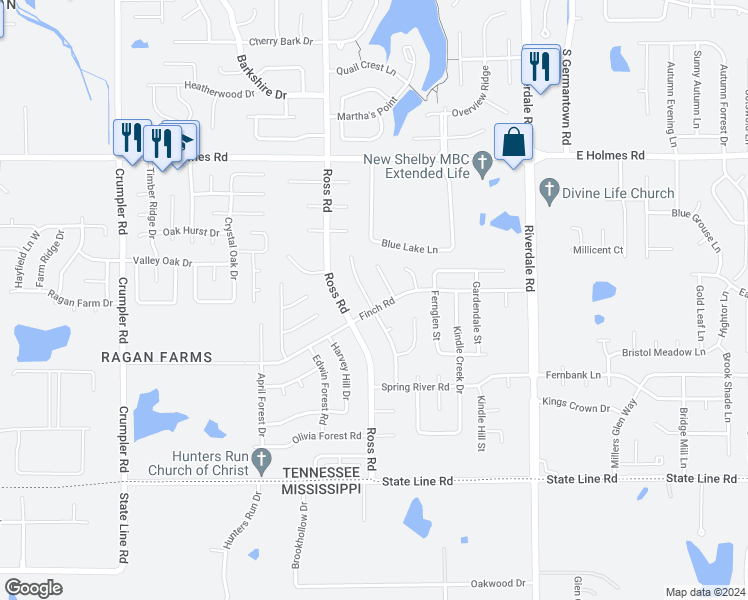 map of restaurants, bars, coffee shops, grocery stores, and more near 5406 Stephen Forest Cove in Memphis