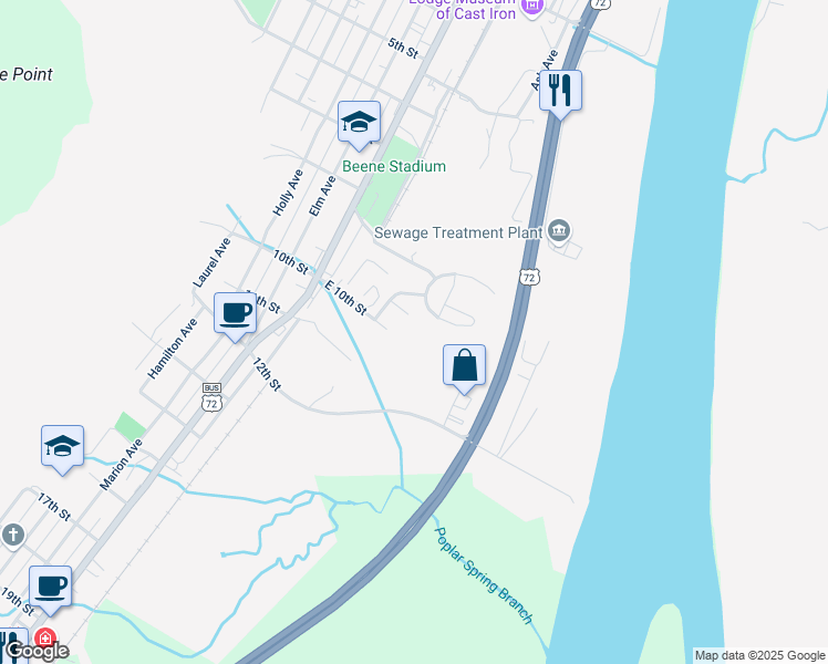 map of restaurants, bars, coffee shops, grocery stores, and more near 201 East 10th Street in South Pittsburg