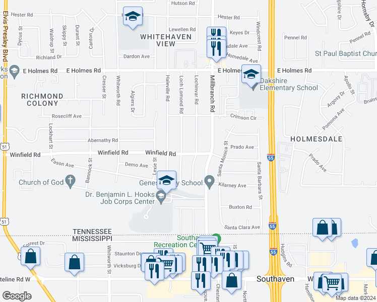 map of restaurants, bars, coffee shops, grocery stores, and more near 5395 Lochinvar Road in Memphis