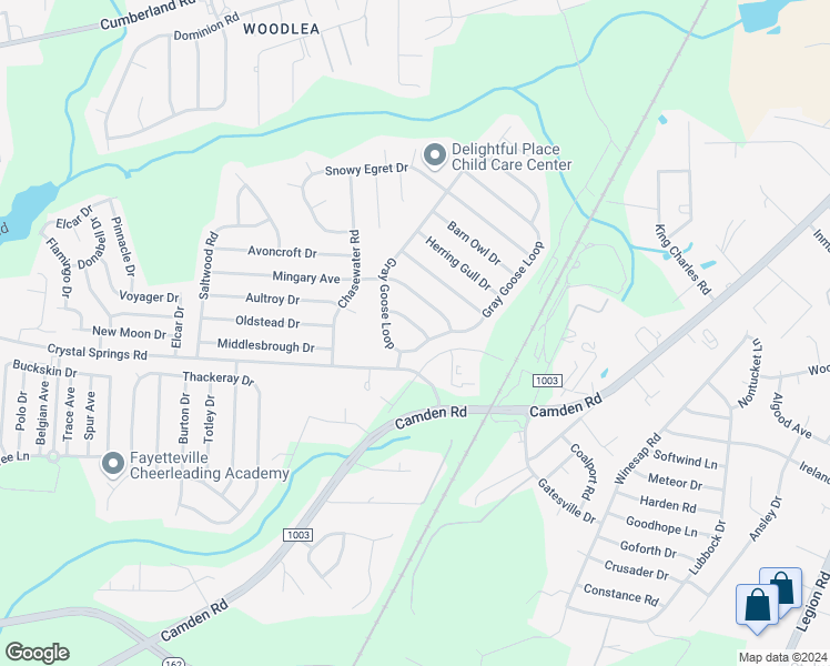 map of restaurants, bars, coffee shops, grocery stores, and more near 1207 Grackle Drive in Fayetteville