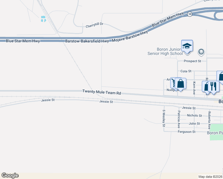 map of restaurants, bars, coffee shops, grocery stores, and more near 26081 Twenty Mule Team Road in Boron
