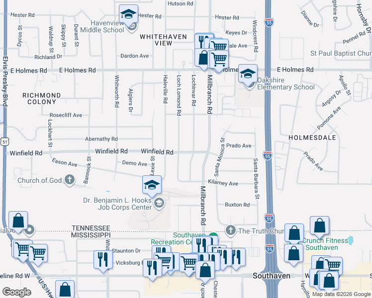 map of restaurants, bars, coffee shops, grocery stores, and more near 5395 Lochinvar Road in Memphis