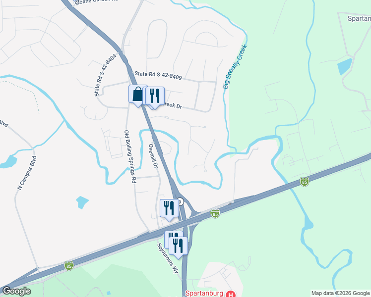 map of restaurants, bars, coffee shops, grocery stores, and more near 310 Oleander Lane in Spartanburg