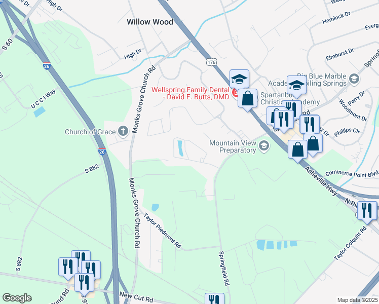 map of restaurants, bars, coffee shops, grocery stores, and more near 191 West Drive in Spartanburg