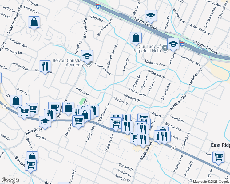 map of restaurants, bars, coffee shops, grocery stores, and more near 1220 Marlboro Avenue in Chattanooga
