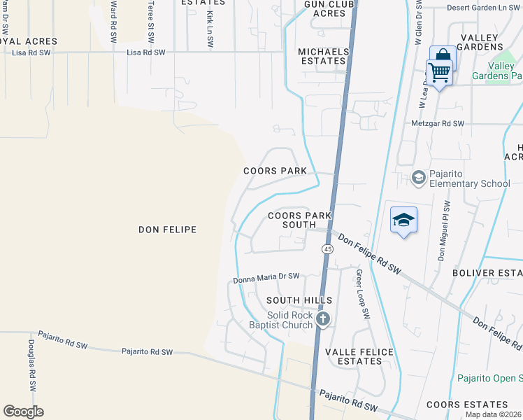 map of restaurants, bars, coffee shops, grocery stores, and more near 3041 Dona Juanita Drive Southwest in Albuquerque