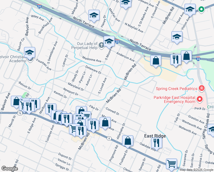 map of restaurants, bars, coffee shops, grocery stores, and more near 1109 South Saint Marks Avenue in Chattanooga
