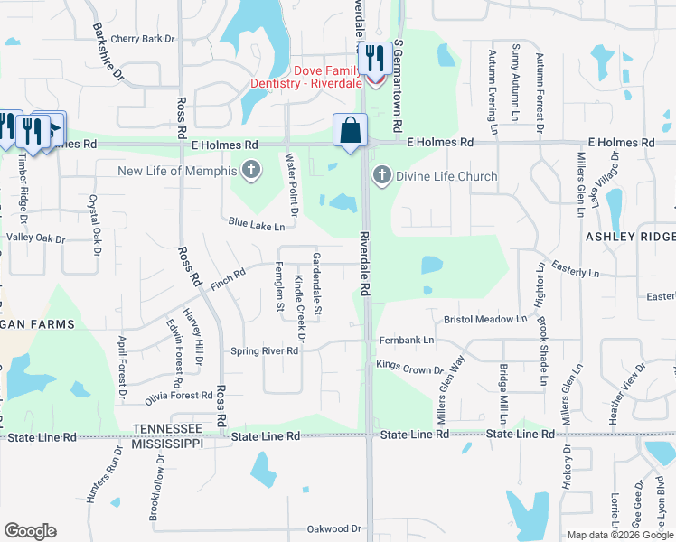 map of restaurants, bars, coffee shops, grocery stores, and more near 6933 Finch Road in Memphis
