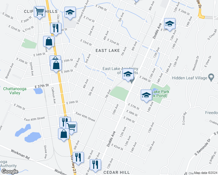 map of restaurants, bars, coffee shops, grocery stores, and more near 3601 7th Avenue in Chattanooga
