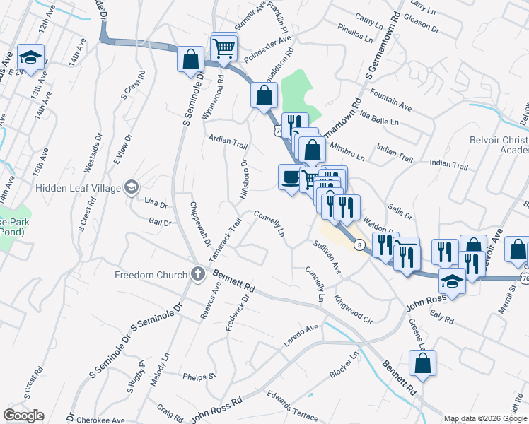 map of restaurants, bars, coffee shops, grocery stores, and more near 3503 Connelly Lane in Chattanooga