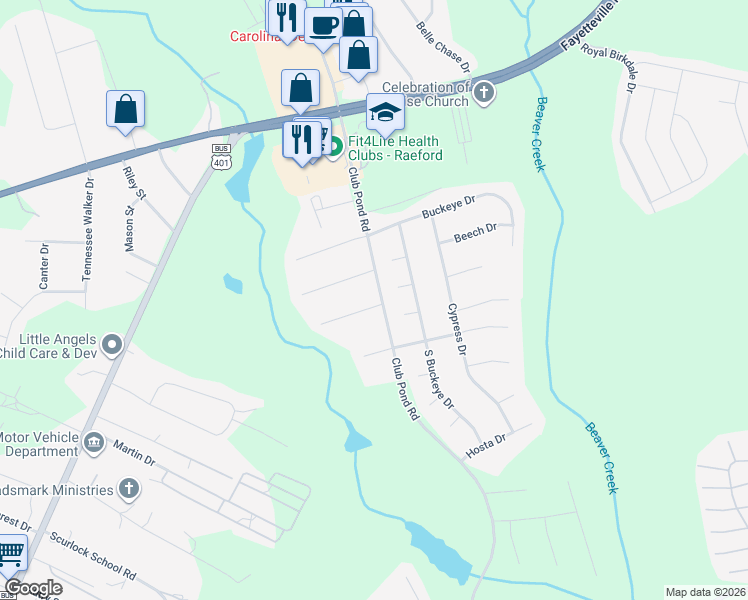 map of restaurants, bars, coffee shops, grocery stores, and more near 118 Rye Lane in Raeford