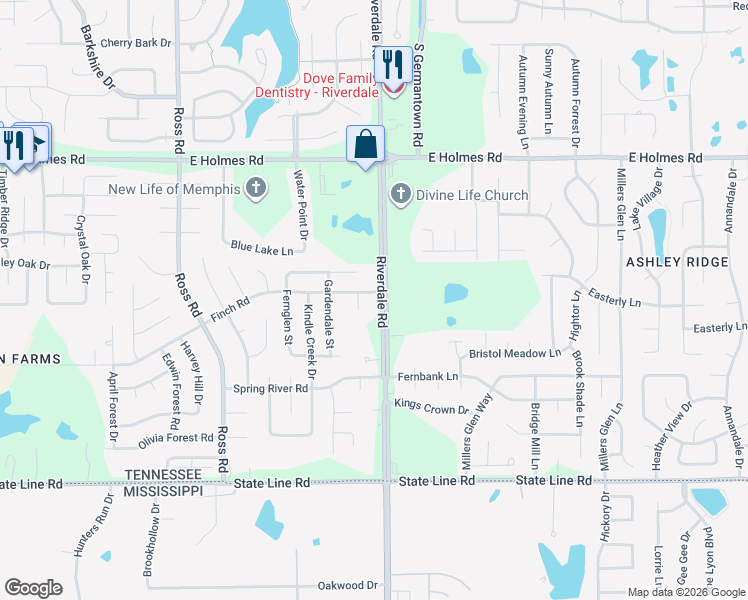 map of restaurants, bars, coffee shops, grocery stores, and more near 6959 Finch Road in Memphis