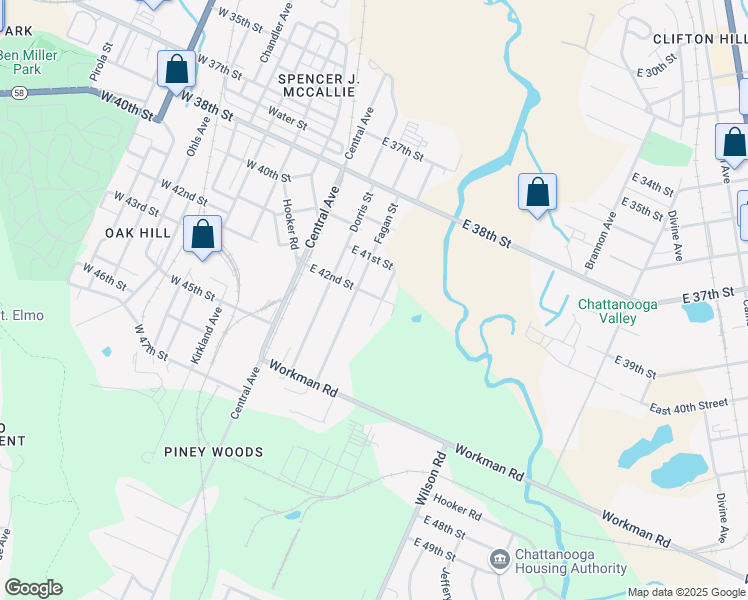 map of restaurants, bars, coffee shops, grocery stores, and more near 4221 Quinn Adams Street in Chattanooga