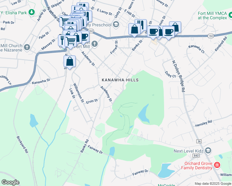 map of restaurants, bars, coffee shops, grocery stores, and more near 106 Country Club Drive in Fort Mill