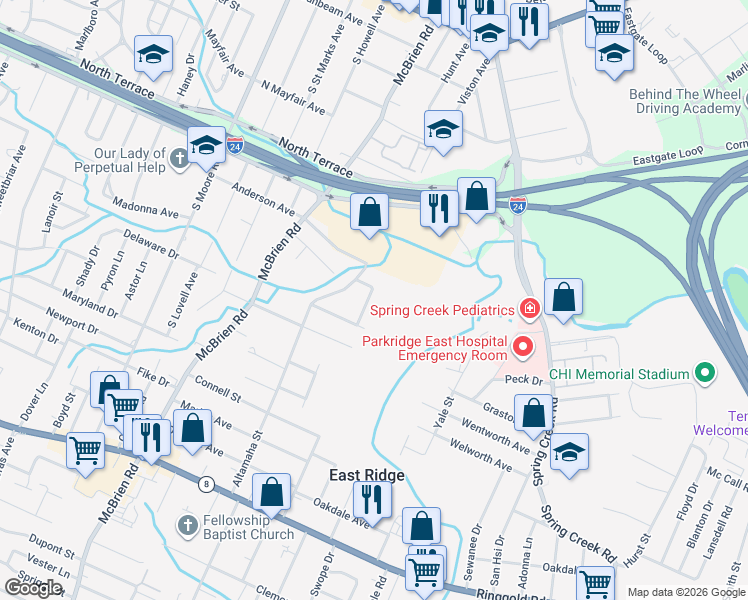 map of restaurants, bars, coffee shops, grocery stores, and more near 910 Sunnydell Circle in Chattanooga