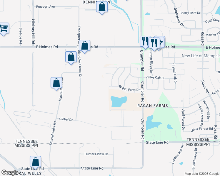 map of restaurants, bars, coffee shops, grocery stores, and more near 6309 Ragan Farm Drive in Memphis