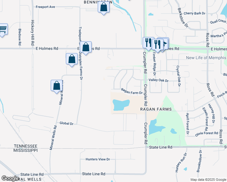 map of restaurants, bars, coffee shops, grocery stores, and more near 6309 Ragan Farm Drive in Memphis