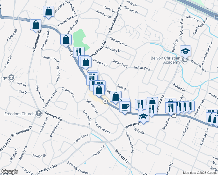 map of restaurants, bars, coffee shops, grocery stores, and more near 3619 Weldon Dr in Chattanooga