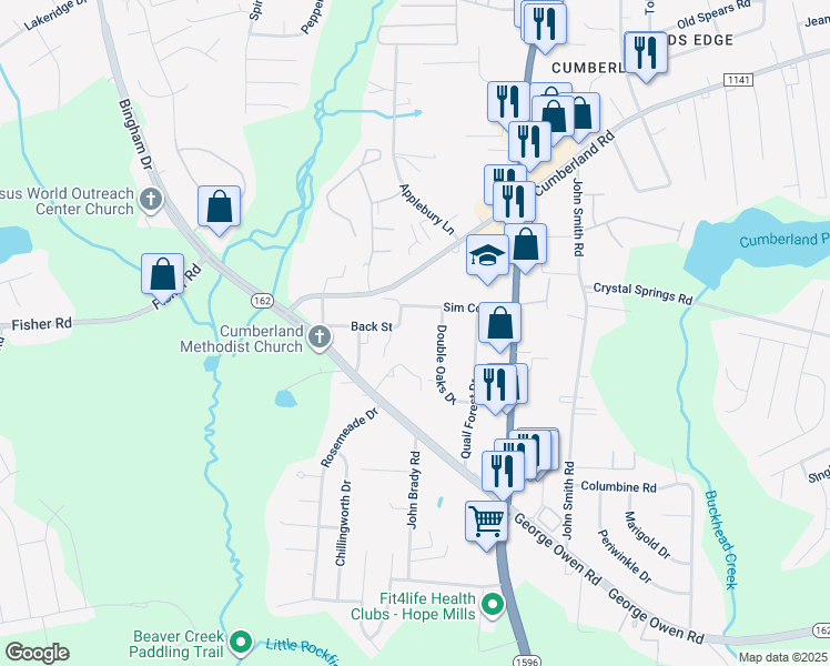 map of restaurants, bars, coffee shops, grocery stores, and more near 5157 Double Oaks Drive in Fayetteville