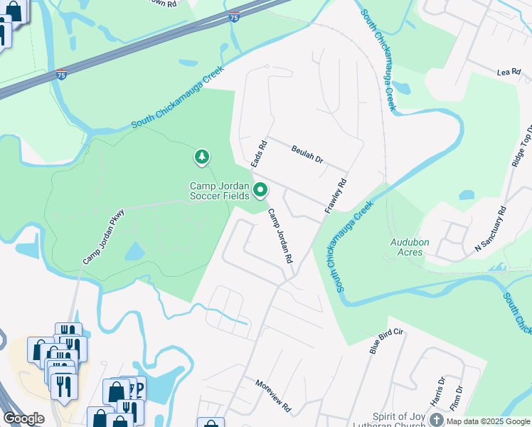 map of restaurants, bars, coffee shops, grocery stores, and more near 6803 Cedar Wood Court in Chattanooga