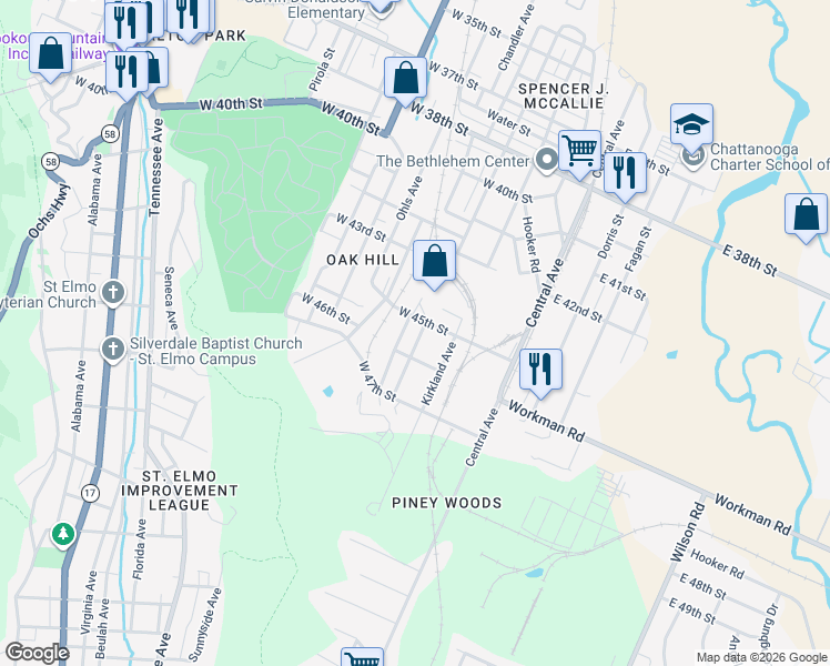 map of restaurants, bars, coffee shops, grocery stores, and more near 218 West 45th Street in Chattanooga