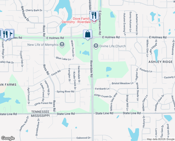 map of restaurants, bars, coffee shops, grocery stores, and more near 6933 Finch Road in Memphis