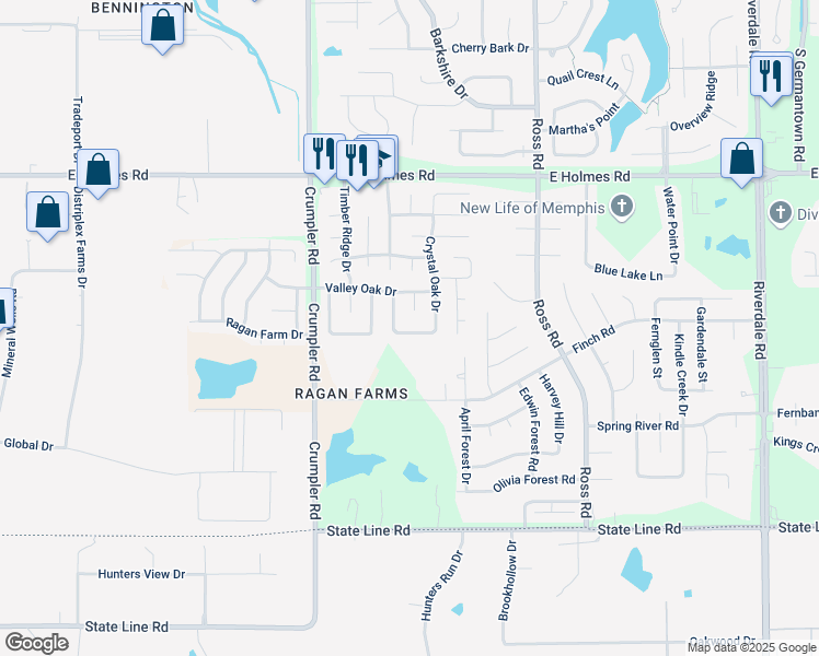 map of restaurants, bars, coffee shops, grocery stores, and more near 6576 Bald Oak Drive in Memphis