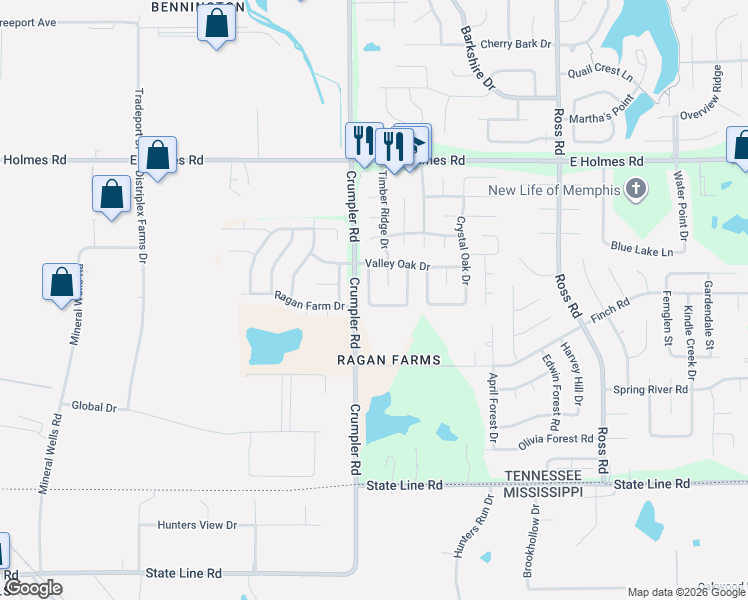 map of restaurants, bars, coffee shops, grocery stores, and more near 6484 Trysting Oak Drive in Memphis
