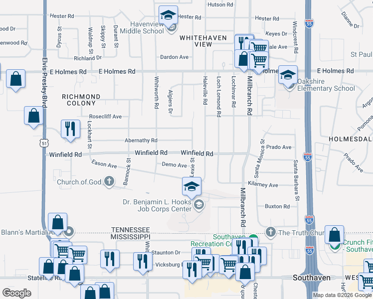 map of restaurants, bars, coffee shops, grocery stores, and more near 1508 Winfield Road in Memphis